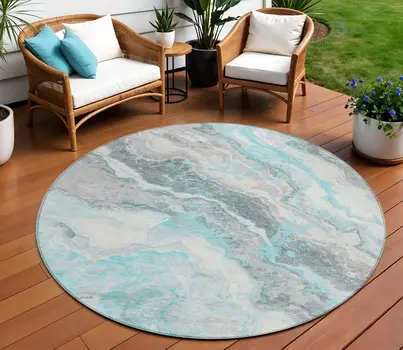 8' Teal Blue And Silver Round Abstract Washable Indoor Outdoor Area Rug