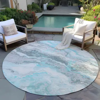 8' Teal Blue And Silver Round Abstract Washable Indoor Outdoor Area Rug