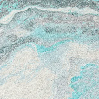8' Teal Blue And Silver Round Abstract Washable Indoor Outdoor Area Rug