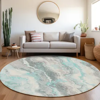 8' Teal Blue And Silver Round Abstract Washable Indoor Outdoor Area Rug