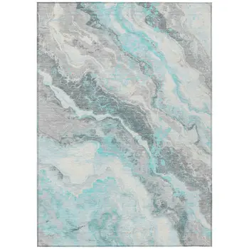 8' X 10' Teal Blue And Silver Abstract Washable Indoor Outdoor Area Rug