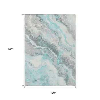 10' X 14' Teal Blue And Silver Abstract Washable Indoor Outdoor Area Rug