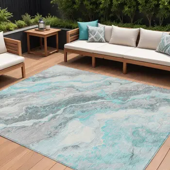 10' X 14' Teal Blue And Silver Abstract Washable Indoor Outdoor Area Rug