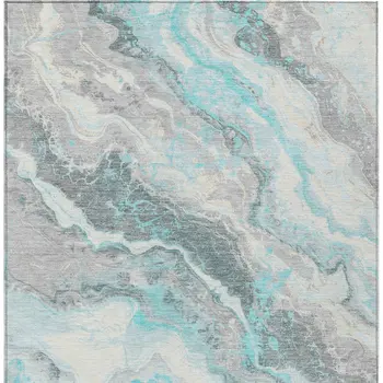 10' X 14' Teal Blue And Silver Abstract Washable Indoor Outdoor Area Rug