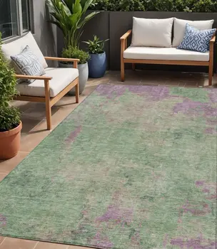 5' X 8' Artichoke Green And Eggplant Abstract Washable Indoor Outdoor Area Rug