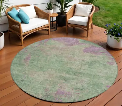 8' Artichoke Green And Eggplant Round Abstract Washable Indoor Outdoor Area Rug