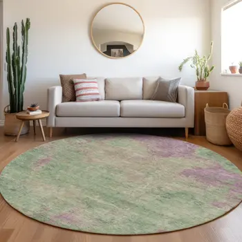 8' Artichoke Green And Eggplant Round Abstract Washable Indoor Outdoor Area Rug