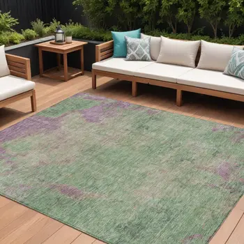 10' X 14' Artichoke Green And Eggplant Abstract Washable Indoor Outdoor Area Rug