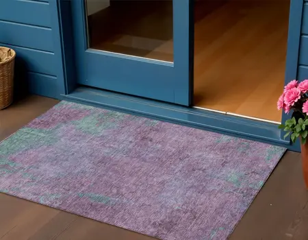 3' X 5' Lavender And Teal Blue Abstract Washable Indoor Outdoor Area Rug