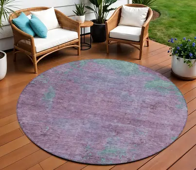 8' Lavender And Teal Blue Round Abstract Washable Indoor Outdoor Area Rug