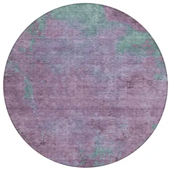 8' Lavender And Teal Blue Round Abstract Washable Indoor Outdoor Area Rug