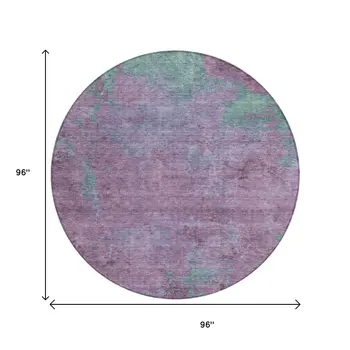 8' Lavender And Teal Blue Round Abstract Washable Indoor Outdoor Area Rug