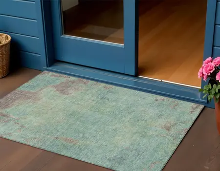 3' X 5' Pale Aqua And Taupe Abstract Washable Indoor Outdoor Area Rug