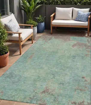 5' X 8' Pale Aqua And Taupe Abstract Washable Indoor Outdoor Area Rug