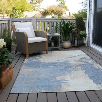 3' X 5' Denim Blue Beige And Ivory Abstract Washable Indoor Outdoor Area Rug