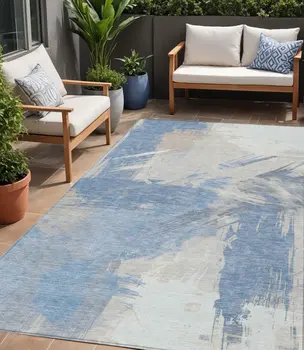 5' X 8' Denim Blue Beige And Ivory Abstract Washable Indoor Outdoor Area Rug