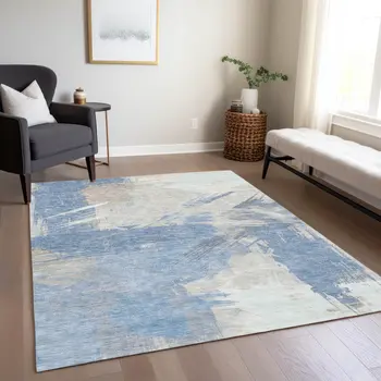 5' X 8' Denim Blue Beige And Ivory Abstract Washable Indoor Outdoor Area Rug