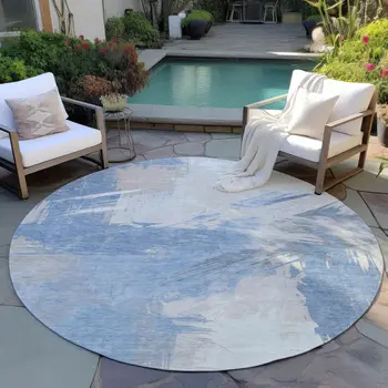 8' Denim Blue Beige And Ivory Round Abstract Washable Indoor Outdoor Area Rug