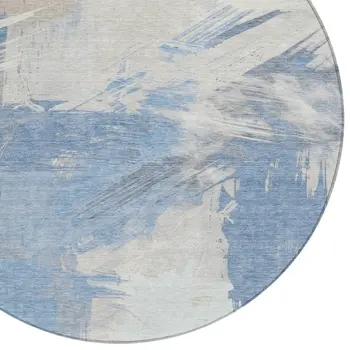 8' Denim Blue Beige And Ivory Round Abstract Washable Indoor Outdoor Area Rug