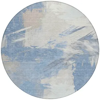 8' Denim Blue Beige And Ivory Round Abstract Washable Indoor Outdoor Area Rug