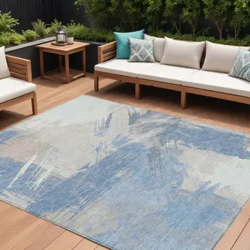 9' X 12' Denim Blue Beige And Ivory Abstract Washable Indoor Outdoor Area Rug