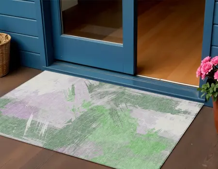 3' X 5' Green Lavender And Ivory Abstract Washable Indoor Outdoor Area Rug