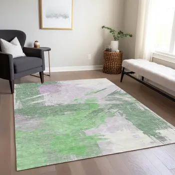 3' X 5' Green Lavender And Ivory Abstract Washable Indoor Outdoor Area Rug