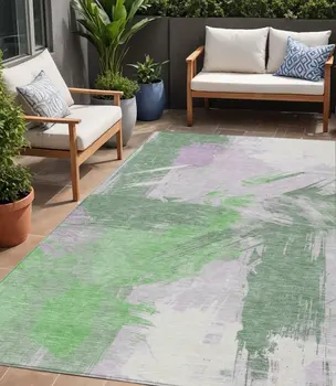 5' X 8' Green Lavender And Ivory Abstract Washable Indoor Outdoor Area Rug