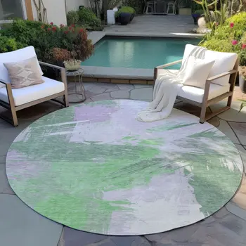 8' Green Lavender And Ivory Round Abstract Washable Indoor Outdoor Area Rug