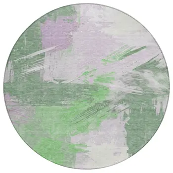 8' Green Lavender And Ivory Round Abstract Washable Indoor Outdoor Area Rug