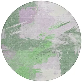 8' Green Lavender And Ivory Round Abstract Washable Indoor Outdoor Area Rug