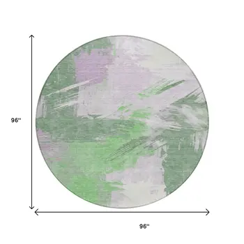 8' Green Lavender And Ivory Round Abstract Washable Indoor Outdoor Area Rug