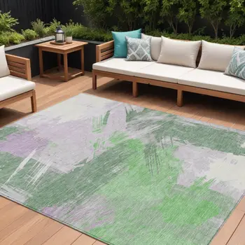 10' X 14' Green Lavender And Ivory Abstract Washable Indoor Outdoor Area Rug