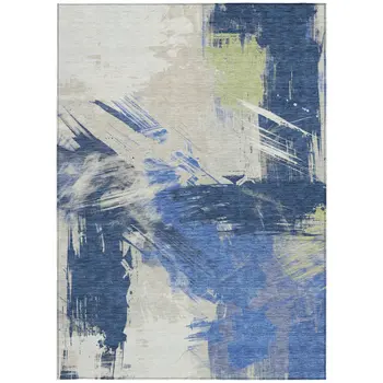 3' X 5' Navy Blue Green And Ivory Abstract Washable Indoor Outdoor Area Rug