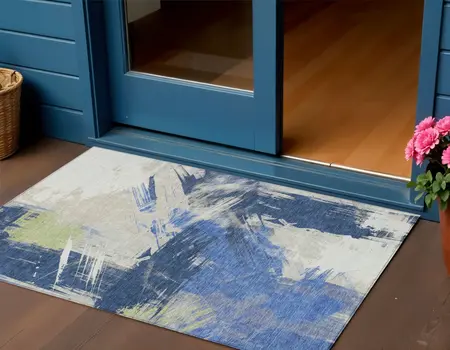 3' X 5' Navy Blue Green And Ivory Abstract Washable Indoor Outdoor Area Rug