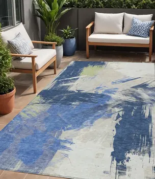 5' X 8' Navy Blue Green And Ivory Abstract Washable Indoor Outdoor Area Rug