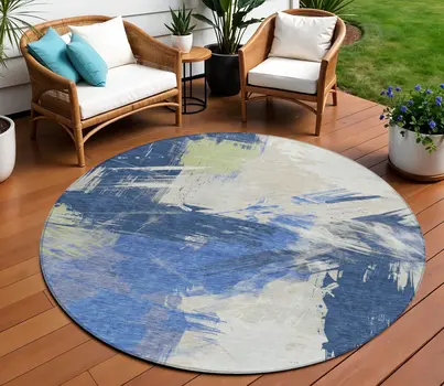 8' Navy Blue Green And Ivory Round Abstract Washable Indoor Outdoor Area Rug