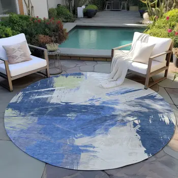 8' Navy Blue Green And Ivory Round Abstract Washable Indoor Outdoor Area Rug