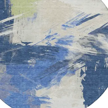 8' Navy Blue Green And Ivory Round Abstract Washable Indoor Outdoor Area Rug