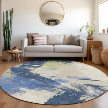 8' Navy Blue Green And Ivory Round Abstract Washable Indoor Outdoor Area Rug
