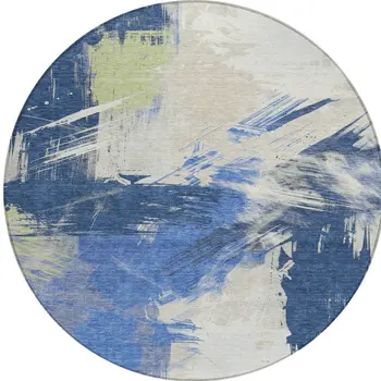 8' Navy Blue Green And Ivory Round Abstract Washable Indoor Outdoor Area Rug