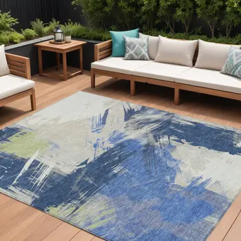 8' X 10' Navy Blue Green And Ivory Abstract Washable Indoor Outdoor Area Rug