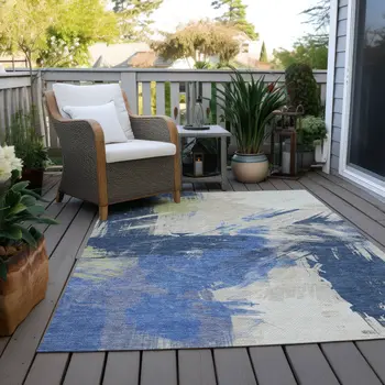9' X 12' Navy Blue Green And Ivory Abstract Washable Indoor Outdoor Area Rug