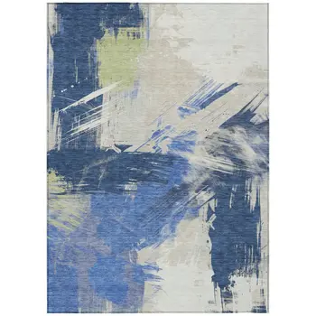 9' X 12' Navy Blue Green And Ivory Abstract Washable Indoor Outdoor Area Rug