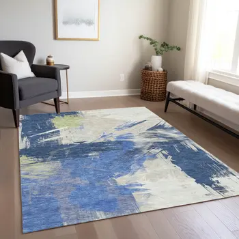 9' X 12' Navy Blue Green And Ivory Abstract Washable Indoor Outdoor Area Rug