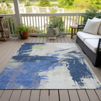 9' X 12' Navy Blue Green And Ivory Abstract Washable Indoor Outdoor Area Rug