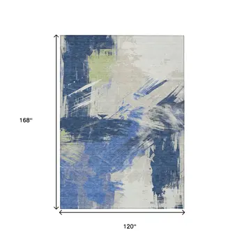 10' X 14' Navy Blue Green And Ivory Abstract Washable Indoor Outdoor Area Rug