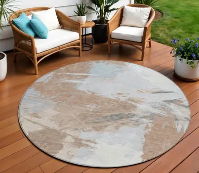 8' Rust Gray And Ivory Round Abstract Washable Indoor Outdoor Area Rug