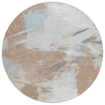 8' Rust Gray And Ivory Round Abstract Washable Indoor Outdoor Area Rug