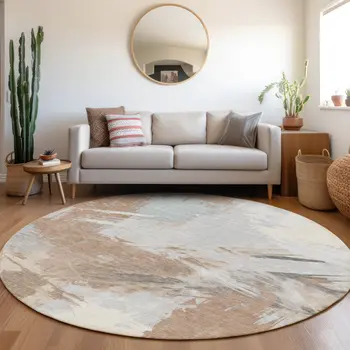 8' Rust Gray And Ivory Round Abstract Washable Indoor Outdoor Area Rug